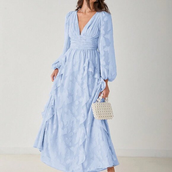 Baby Blue Elegant Women's Romantic Floral V-Neck Long Sleeve Maxi Dress - Picture 5 of 8